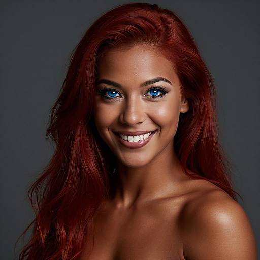 Photograph of a smiling woman with vibrant red hair, striking blue eyes, and glowing skin against a dark blue background.