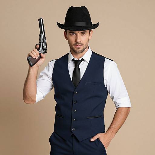 Photograph of a handsome, bearded man in a black vest, white shirt, black tie, and fedora, holding a gun in his right