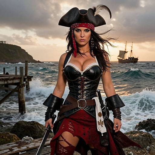 Digital artwork of a fierce, busty pirate woman with black leather corset, red bandana, and feathered tricorn hat, standing on rocky shoreline
