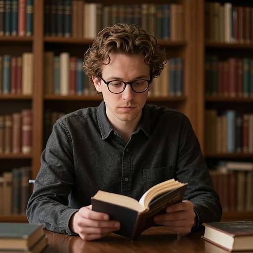 Photograph of a young man with curly brown hair, wearing black-rimmed glasses and a dark shirt, reading a book in a library with wooden