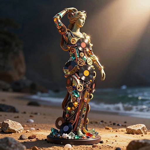 Ornate Record Player Woman Statue on Beach
