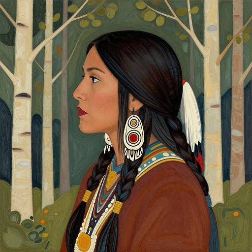 Digital painting of a Native American woman with long black hair, red lipstick, and traditional feathered earrings, profile view in a birch forest.