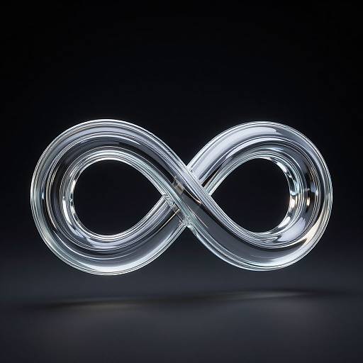 Photorealistic CGI of a glowing, transparent infinity symbol against a dark blue gradient background, with bright white light trails.