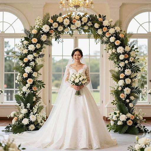 Photograph of a smiling Asian bride in a white lace gown, standing in front of a floral arch with white and peach flowers, in a bright,