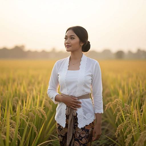Indonesian Woman in Sunrise Rice Field