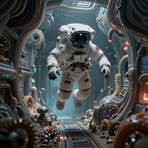 Digital illustration of a floating astronaut in a white spacesuit with red stripes, navigating a futuristic, cluttered, and lit-up spaceship corridor filled with mechanical