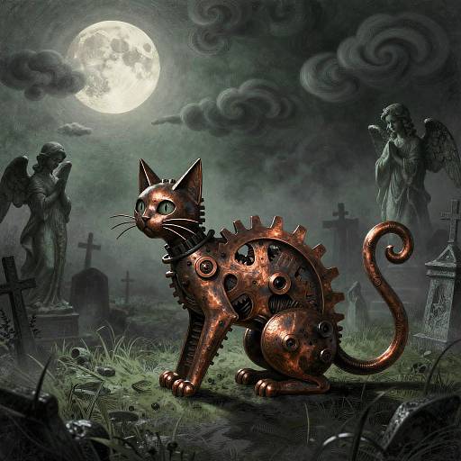 Digital illustration of a copper clockwork cat with gears and cogs, under a full moon, surrounded by gravestones, angel statues, and swirling
