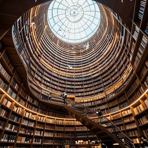 Photograph of a grand, circular library with a large, sunlit dome ceiling, rows of illuminated bookshelves, and a central staircase.