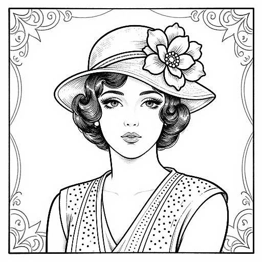 Black-and-white line drawing of a vintage-styled woman with short, wavy hair, wearing a wide-brimmed hat with a flower, and