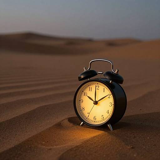 Photograph of a glowing black alarm clock with a white face, standing in a sandy desert, with rippled sand dunes in the background at dusk