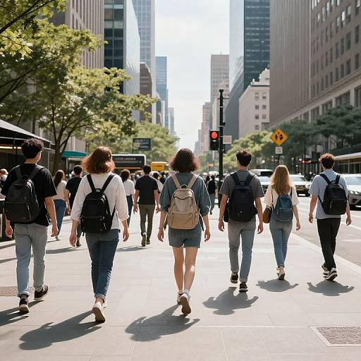 Photograph of diverse city pedestrians, back views, walking on sunny street; tall buildings, trees, traffic lights in background.