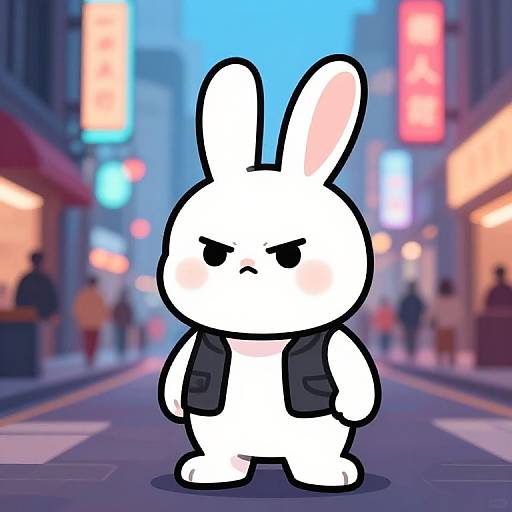 Cartoon white bunny with black vest stands in a neon-lit, bustling urban street, with blurred pedestrians and colorful signs. Digital art.