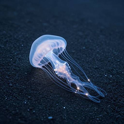 Photograph of a glowing, translucent jellyfish with delicate, trailing tentacles, illuminated against a dark, speckled ocean background.