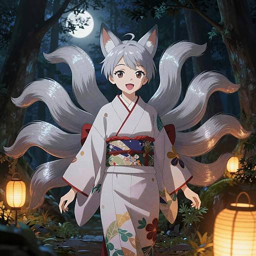 Anime-style digital illustration of a silver-haired, fox-eared girl with nine fluffy tails, wearing a white floral kimono, standing in a moonlit