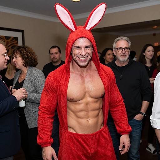 Photograph of a muscular, smiling man in a red, open-front bunny costume, revealing his defined abs, standing in a social gathering with casually dressed
