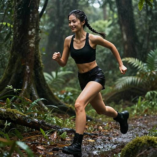 Photograph of a fit, dark-haired woman in a black sports bra and shorts, running through a rainy, lush forest, with moss-covered trees and
