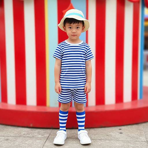 Photorealistic CGI image of a young boy wearing a striped navy and white outfit, white shoes, and hat, standing in front of a red and