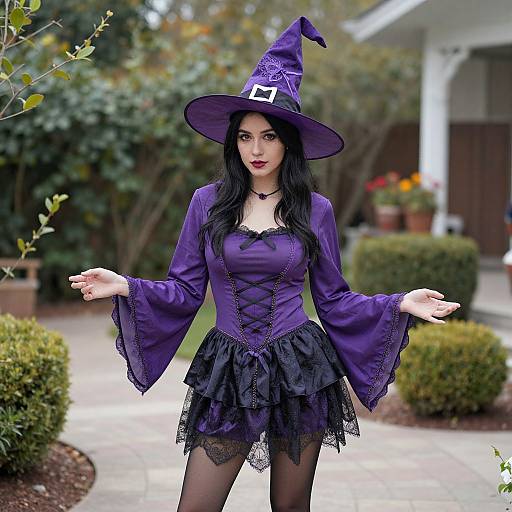 Photograph of a woman with pale skin, black hair, wearing a purple witch outfit, hat, and black lace skirt, standing in a garden.