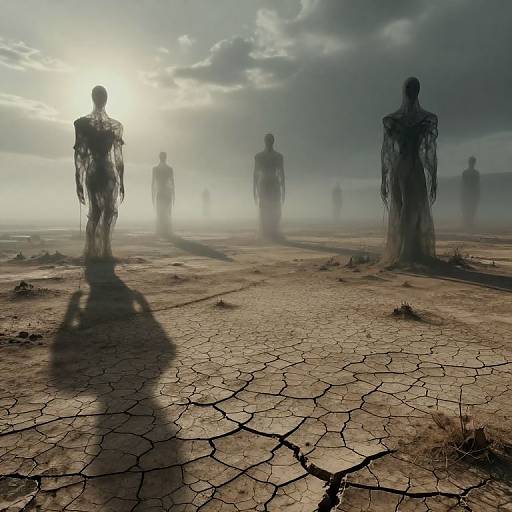Photograph: Silhouetted, skeletal humanoid figures stand on cracked, barren earth under a cloudy, sunlit sky, casting long shadows across the