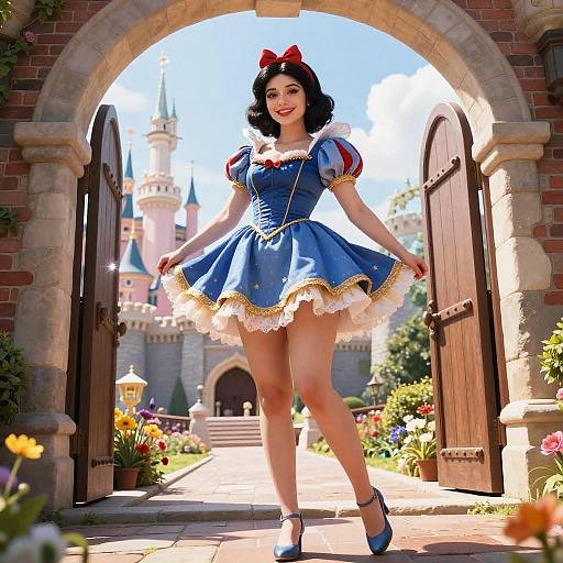 Snow Princess in Sunlit Castle Courtyard