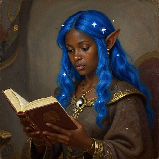 Digital painting of a dark-skinned, blue-haired elf woman with pointed ears, wearing a medieval-style brown robe, reading an old book with glowing stars