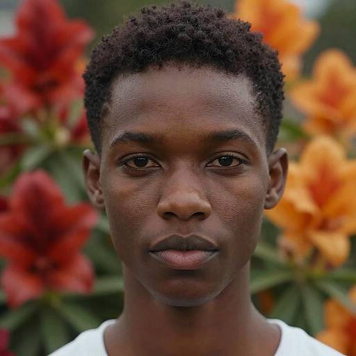 Photograph of a young Black man with short, curly hair, dark skin, and serious expression, surrounded by vibrant red and orange flowers.
