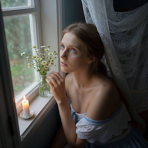 Photograph of a fair-skinned, blue-eyed woman with brown hair, wearing an off-shoulder blue lace top, gazing out a window