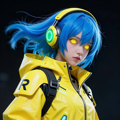 Digital CGI of anime girl with vibrant blue hair, glowing yellow eyes, yellow headphones, and yellow jacket against a black background.