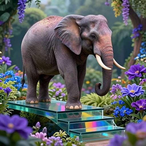 Photorealistic digital artwork of a gray elephant with white tusks standing on glass steps in a vibrant, colorful garden filled with purple and blue flowers.
