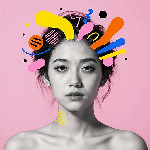 Surreal Black-and-White Woman with Colorful Geometry
