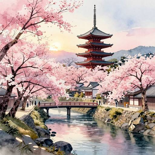 Watercolor Japanese Pagoda Landscape