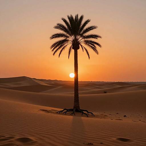 Photograph of a silhouetted palm tree with visible roots, standing in a golden-orange desert at sunset, with smooth sand dunes in the