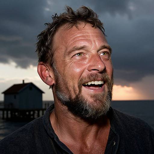 Photograph of a smiling, bearded man with tousled hair, wearing a dark shirt, against a dramatic sunset sky with a silhouetted