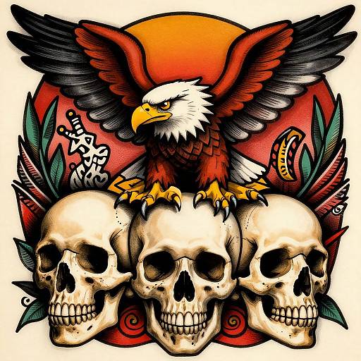 Tattoo-style artwork of an eagle with outstretched wings, yellow beak, and white head, perched on three skulls, against a