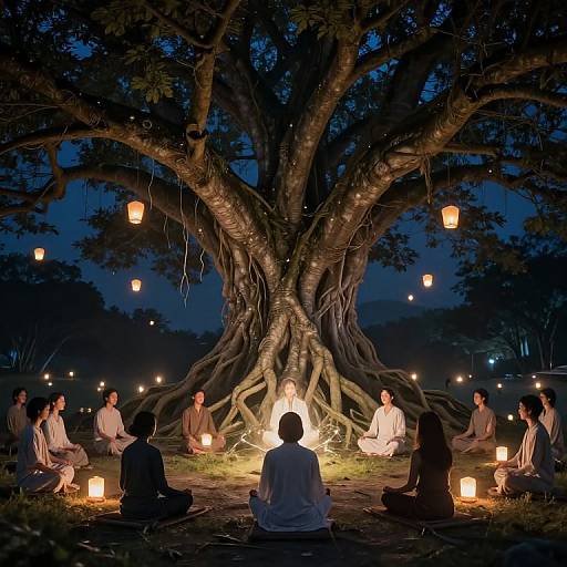 Photograph of a nighttime group meditation under a large tree, surrounded by glowing lanterns, with people seated in a circle.