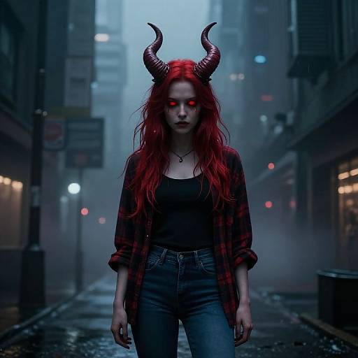 Mysterious Girl with Horns and Red Eyes in Foggy City