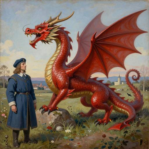 Medieval Man and Red Dragon in Fantasy Landscape