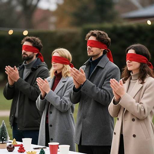 Outdoor Festive Gathering with Blindfolded Friends