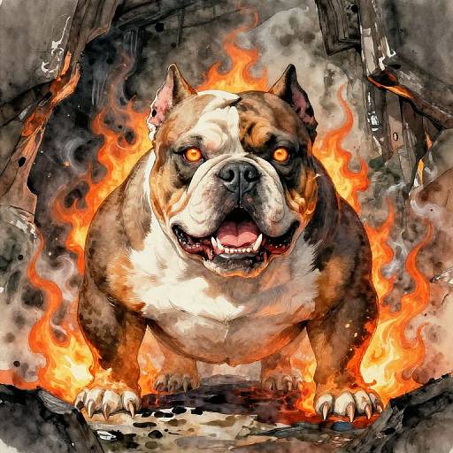 Chinese Watercolor Grotto with Fierce Pit Bull