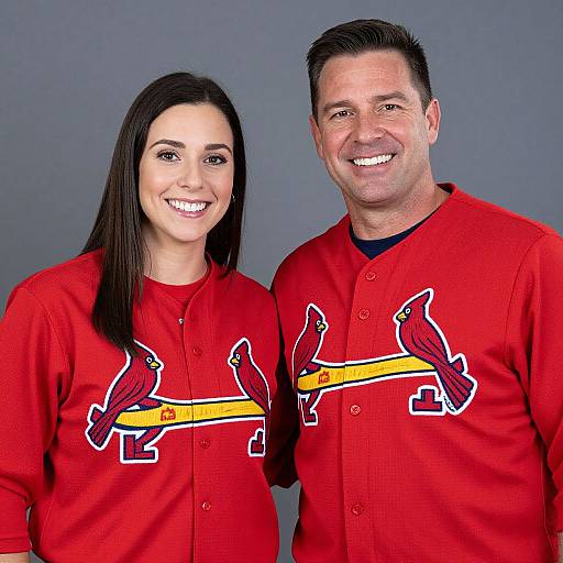 Photograph of smiling man and woman with long dark hair, both wearing red baseball jerseys featuring yellow and red bird logo.