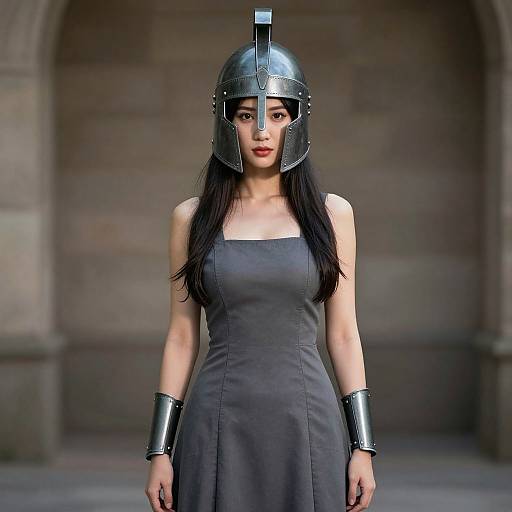 Digital art: Asian woman with long black hair, wearing a dark gray dress, metallic helmet, and cuffs, stands in a stone archway.