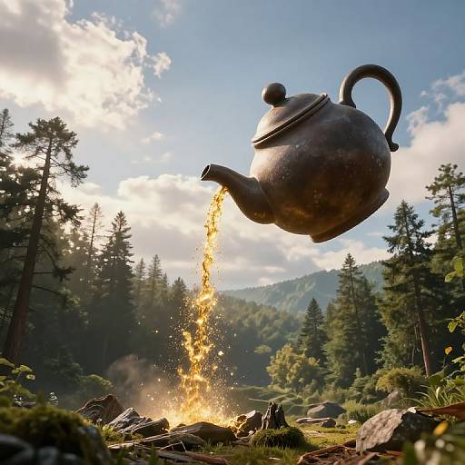 Photograph of a large, silver teapot mid-air, pouring golden liquid onto a forest fire in a sunlit, mountainous landscape.
