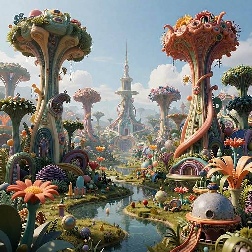 Vibrant, surreal digital artwork of a fantastical garden city with towering, tentacle-like plants, colorful flowers, a winding stream, and a