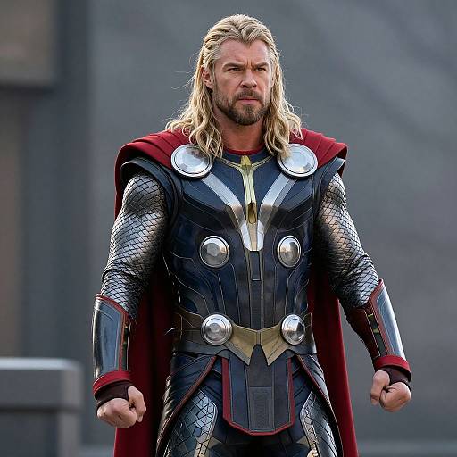 Photograph of a muscular, blonde man with long hair and beard, wearing black, silver-embellished armor with red cape, standing confidently outdoors
