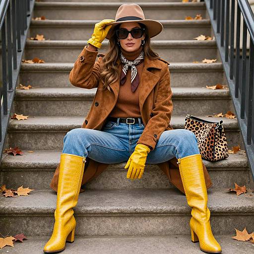 Fashionable Woman in Autumn Outfit Sitting on Stone Steps