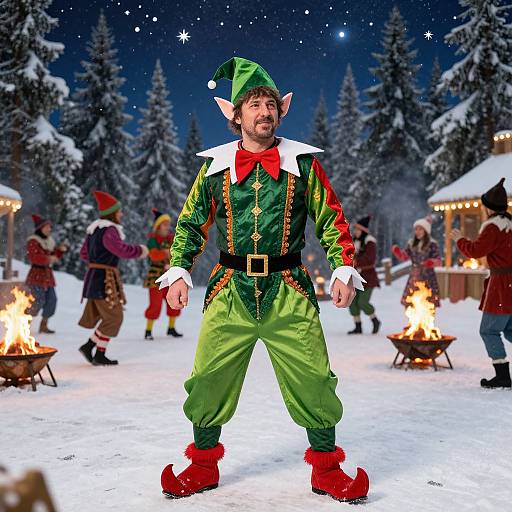Photorealistic image of a festive elf in green and red outfit, with pointed ears, standing in a snowy forest at night, surrounded by people and