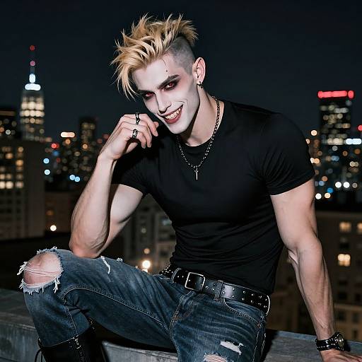 Photograph of a muscular, blonde-haired man with a mohawk, black t-shirt, ripped jeans, and jewelry, smiling against a nighttime city skyline