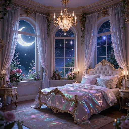 Glamorous, moonlit bedroom with a luxurious, tufted bed, iridescent sheets, ornate chandelier, and starry night