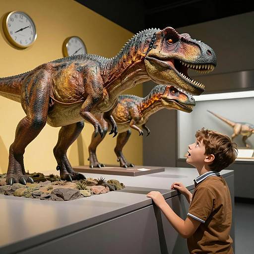 Boy Looking at Life-Sized Dinosaur Models in Museum