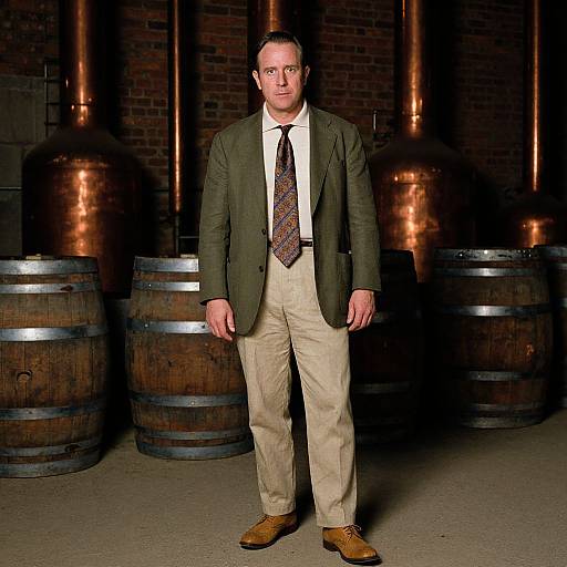 Photograph of a middle-aged man in a green blazer, white shirt, patterned tie, beige pants, and brown shoes, standing in front